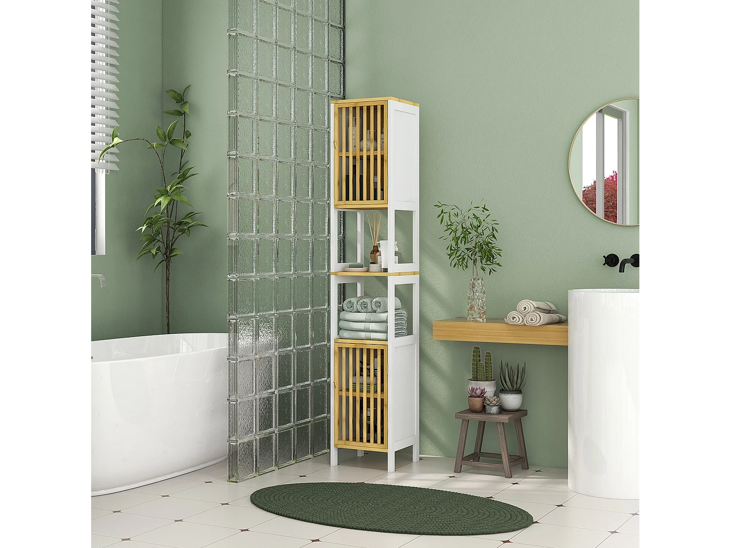 Meuble colonne salle de bain 2 portes 4 étagères MDF blanc bambou verni