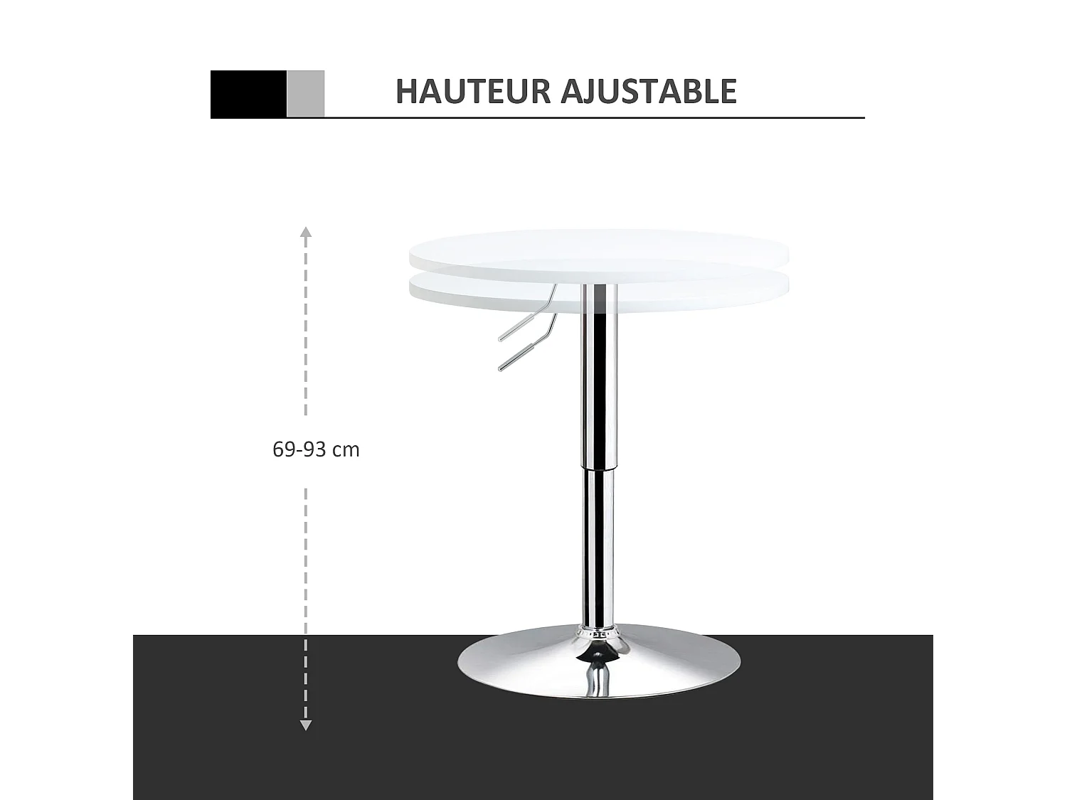Table de bar ronde mange-debout - hauteur réglable - plateau pivotant - métal chromé MDF blanc