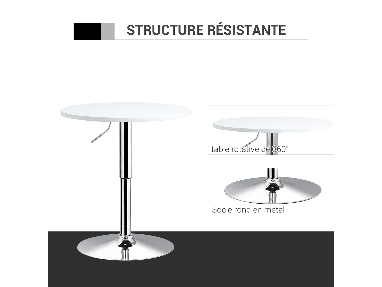 Table de bar ronde mange-debout - hauteur réglable - plateau pivotant - métal chromé MDF blanc