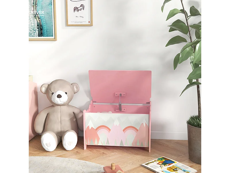 Coffre à jouet enfant design mountain adventure couvercle rabattable poignées dim. 60 x 37 x 39 cm MDF rose