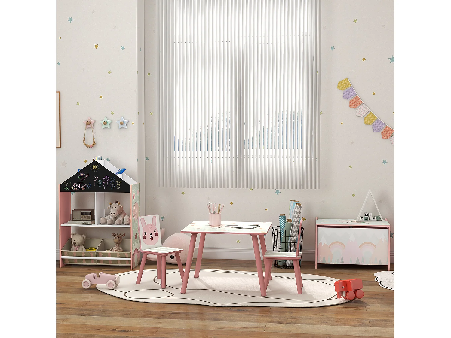 Coffre à jouet enfant design mountain adventure couvercle rabattable poignées dim. 60 x 37 x 39 cm MDF rose