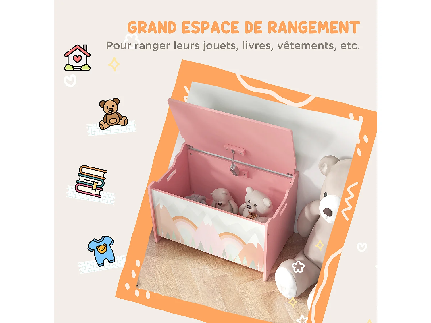 Coffre à jouet enfant design mountain adventure couvercle rabattable poignées dim. 60 x 37 x 39 cm MDF rose