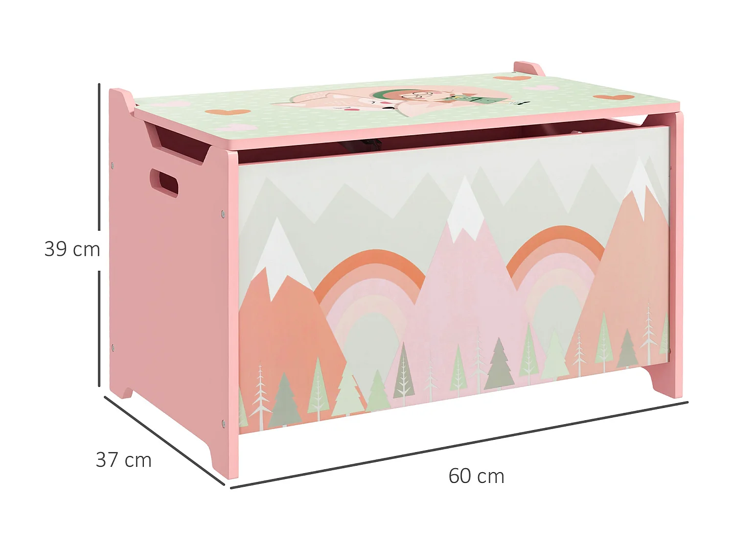 Coffre à jouet enfant design mountain adventure couvercle rabattable poignées dim. 60 x 37 x 39 cm MDF rose
