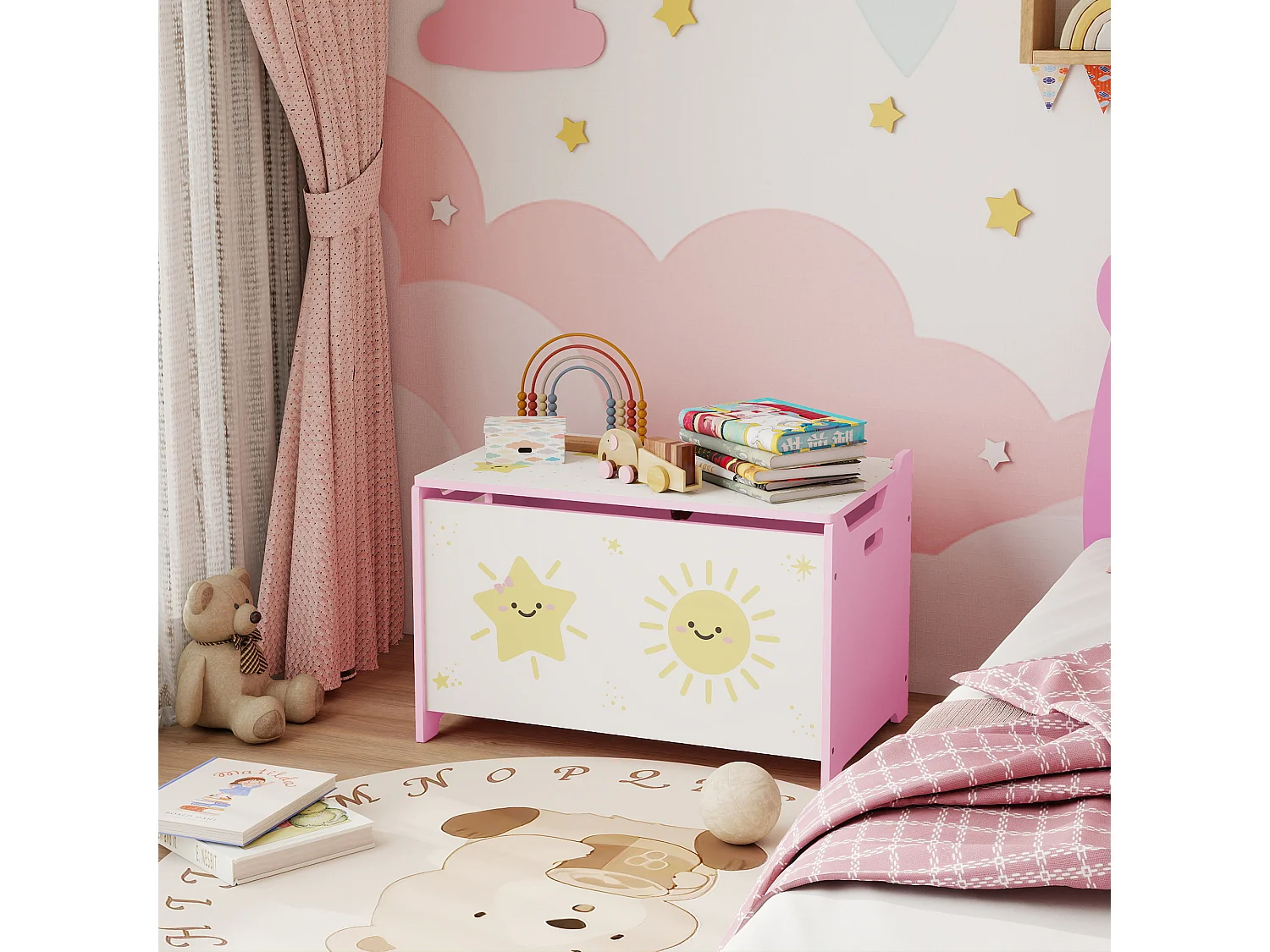 Coffre malle de rangement coffre à jouets design soleil et étoile dim. 60L x 37l x 39H cm vérin pneumatique MDF rose