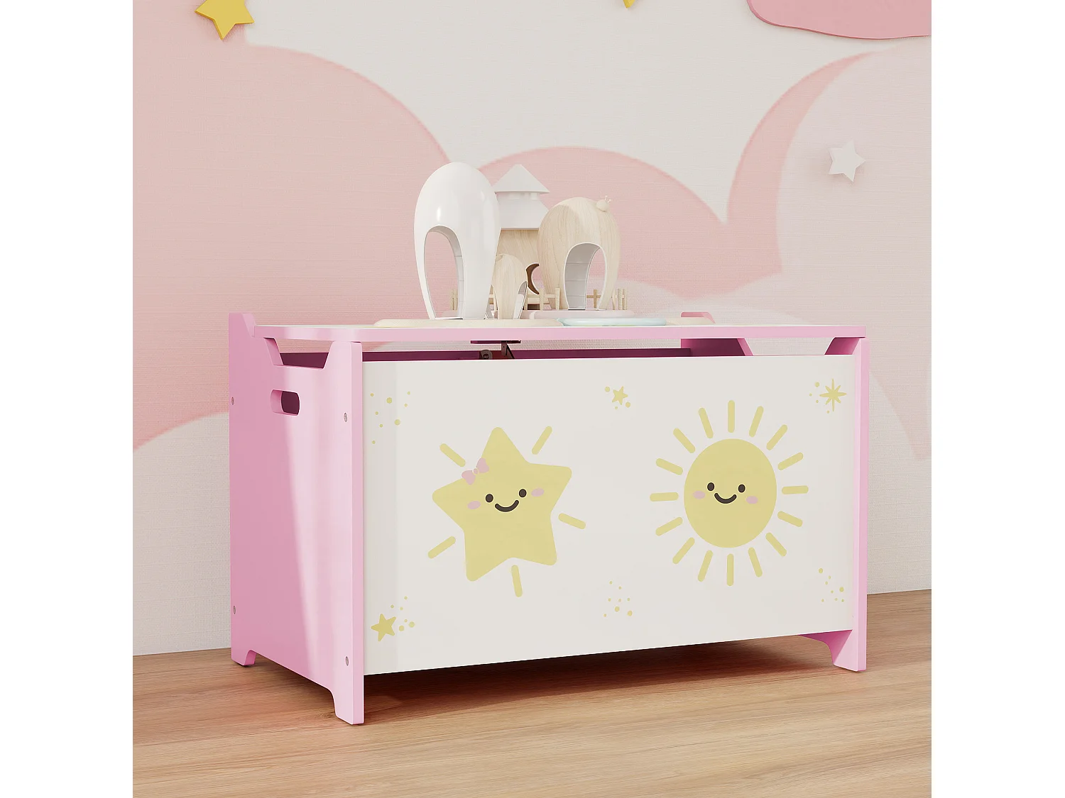 Coffre malle de rangement coffre à jouets design soleil et étoile dim. 60L x 37l x 39H cm vérin pneumatique MDF rose