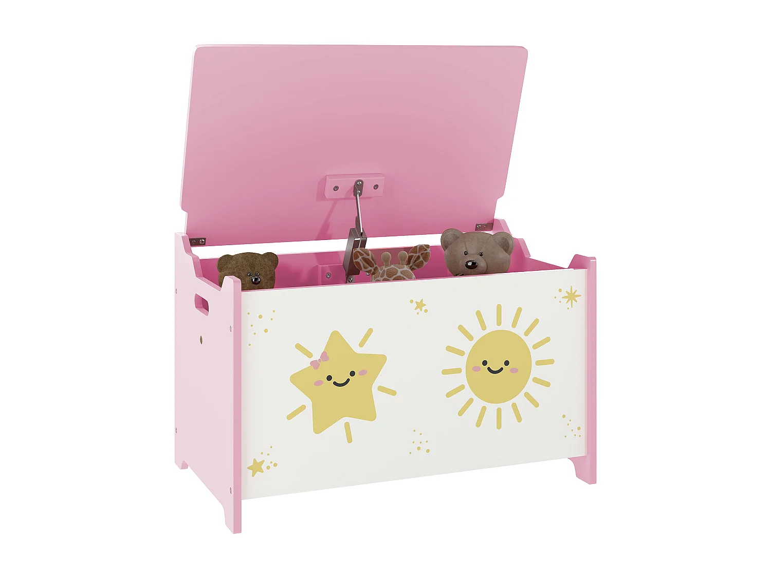 Coffre malle de rangement coffre à jouets design soleil et étoile dim. 60L x 37l x 39H cm vérin pneumatique MDF rose