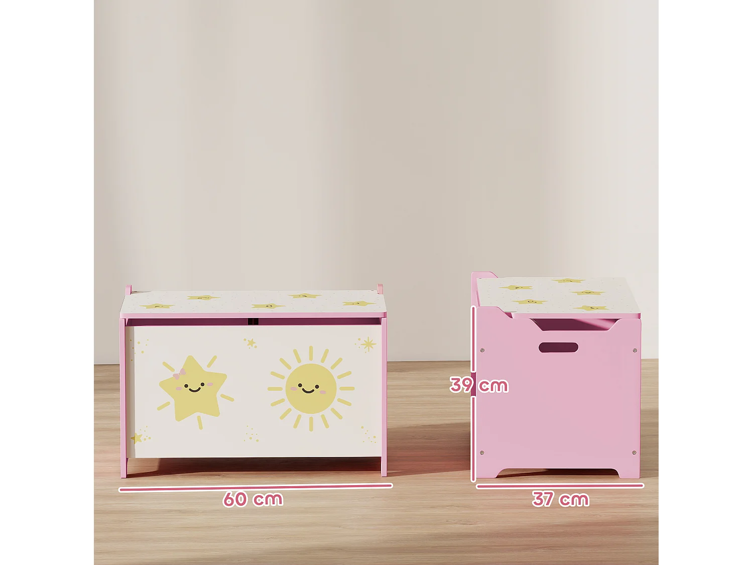 Coffre malle de rangement coffre à jouets design soleil et étoile dim. 60L x 37l x 39H cm vérin pneumatique MDF rose