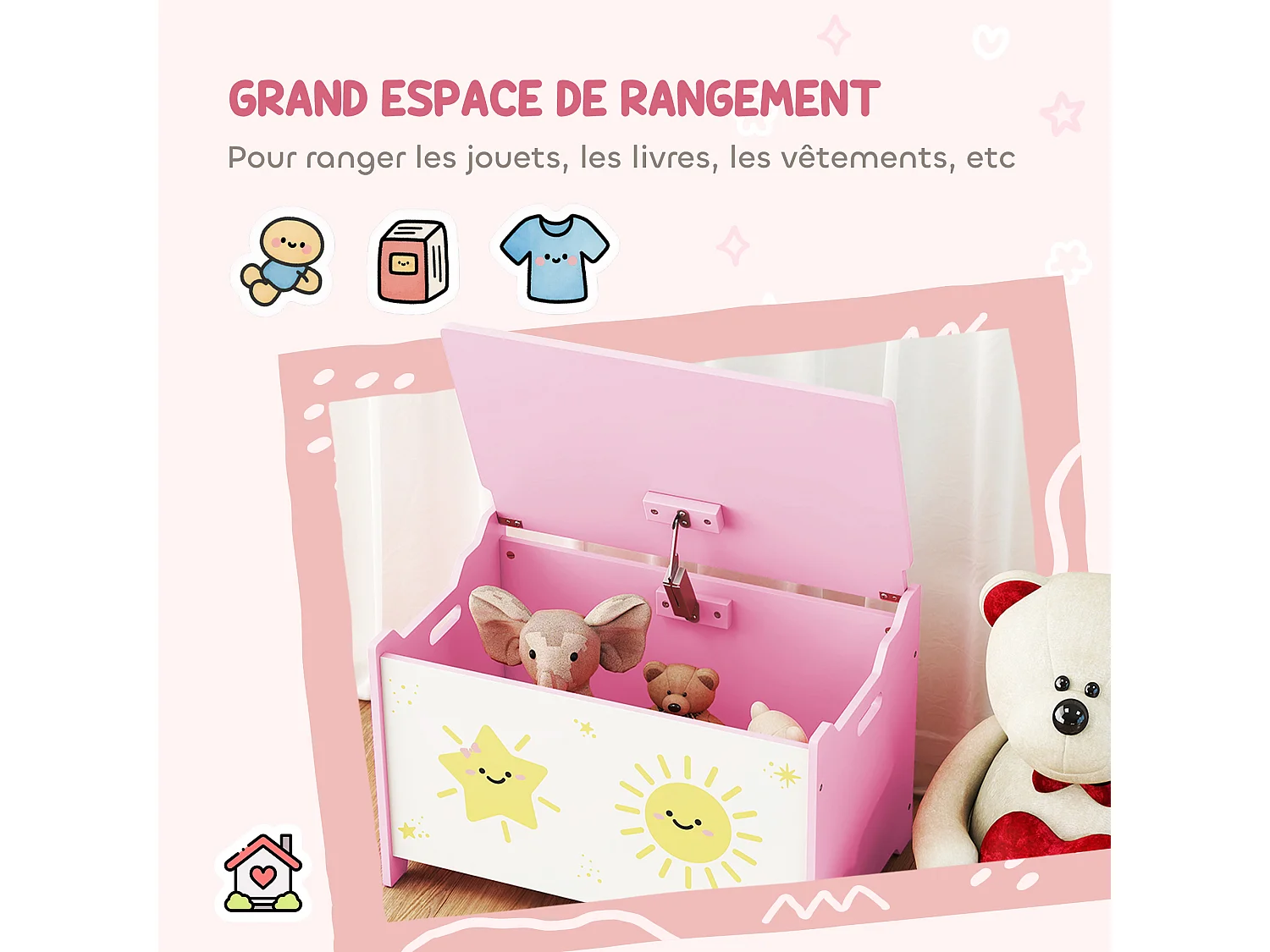 Coffre malle de rangement coffre à jouets design soleil et étoile dim. 60L x 37l x 39H cm vérin pneumatique MDF rose