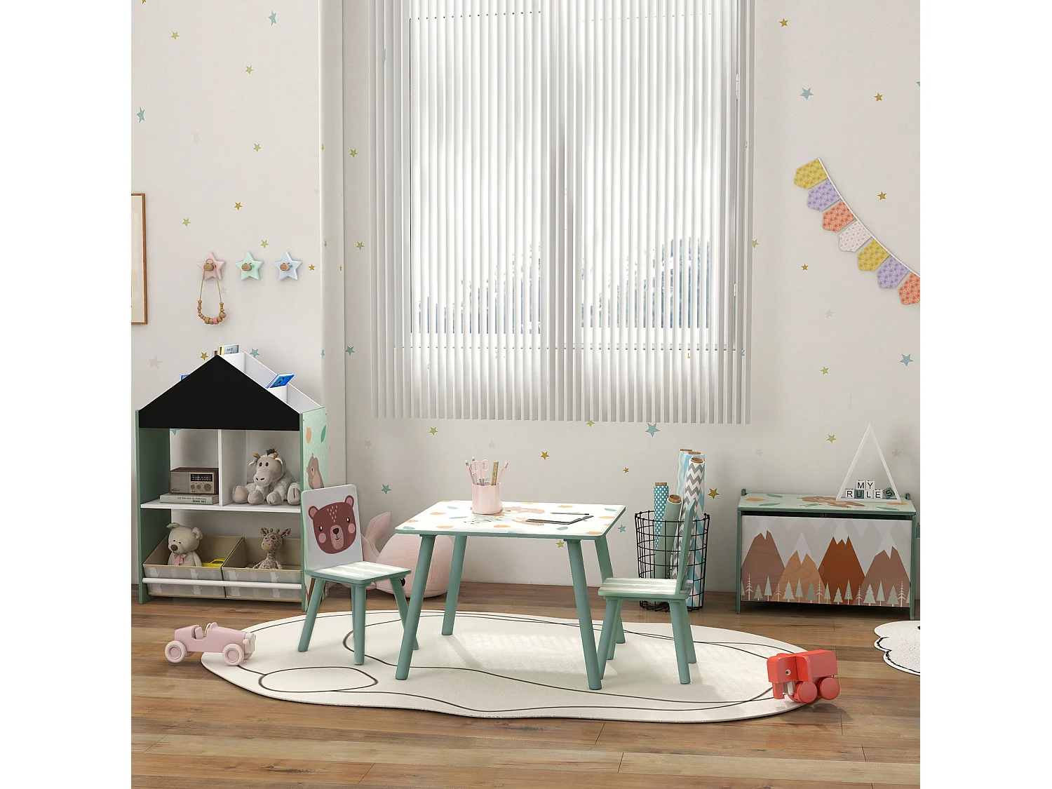 Coffre à jouet enfant design mountain adventure couvercle rabattable poignées dim. 60 x 37 x 39 cm MDF vert