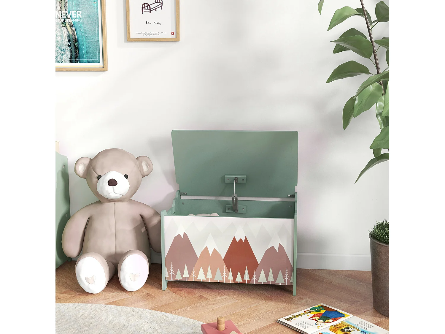 Coffre à jouet enfant design mountain adventure couvercle rabattable poignées dim. 60 x 37 x 39 cm MDF vert
