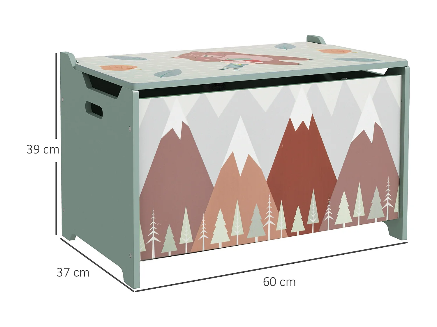 Coffre à jouet enfant design mountain adventure couvercle rabattable poignées dim. 60 x 37 x 39 cm MDF vert