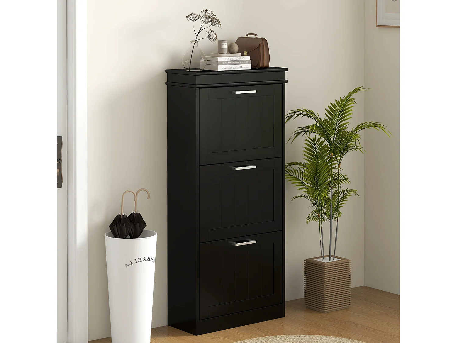 Meuble à chaussures 3 portes abattants 3 étagères poignées métal noir MDF noir