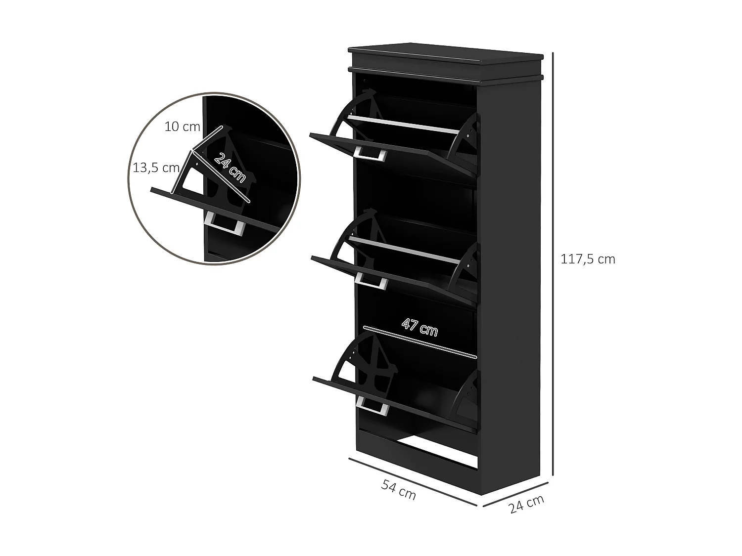 Meuble à chaussures 3 portes abattants 3 étagères poignées métal noir MDF noir