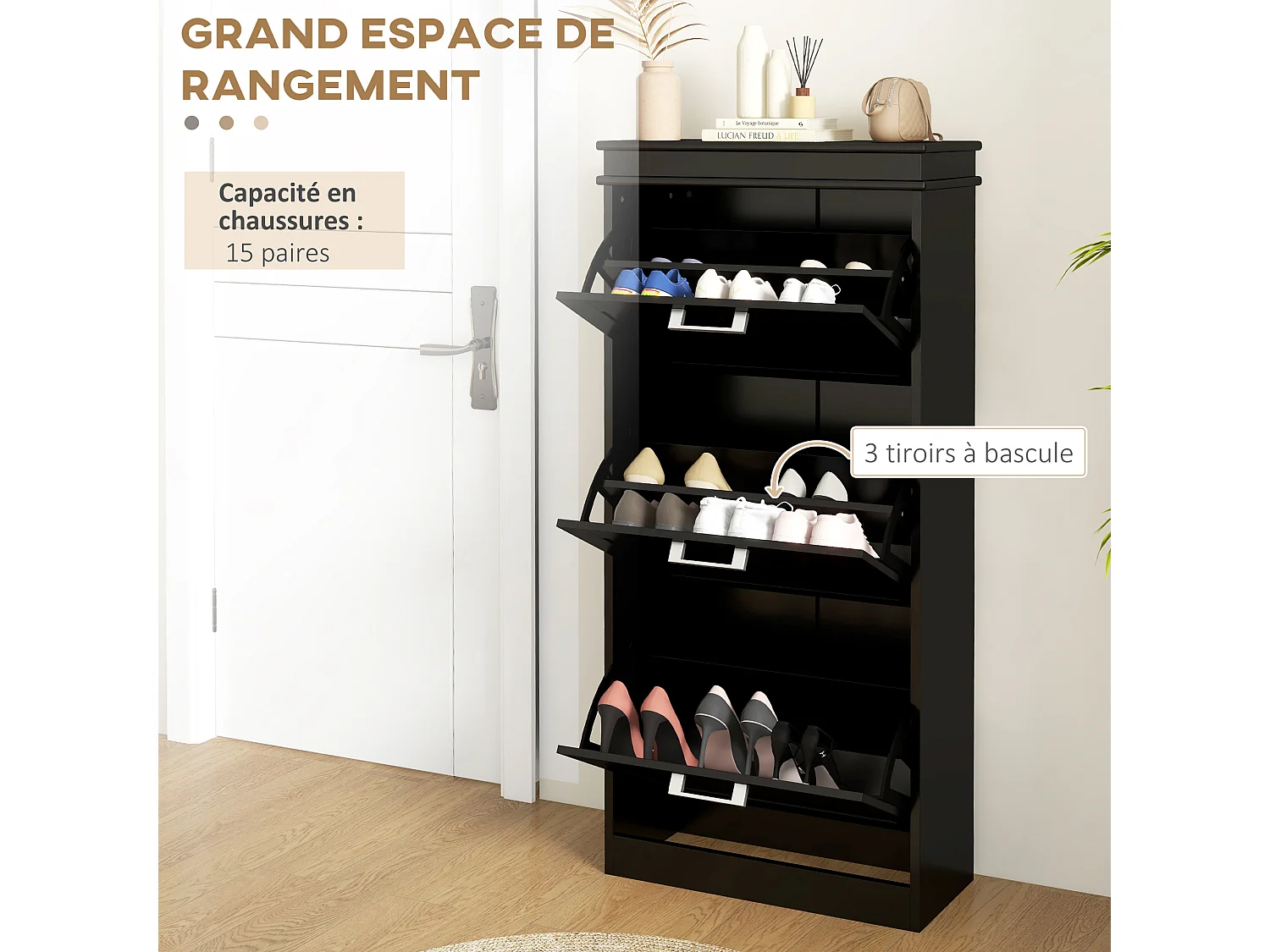 Meuble à chaussures 3 portes abattants 3 étagères poignées métal noir MDF noir
