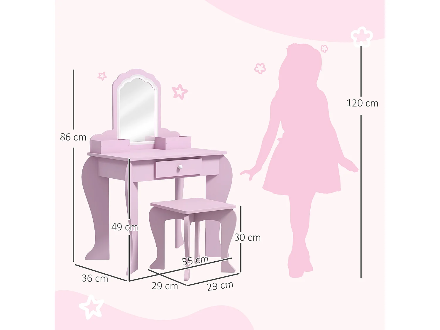 Ensemble coiffeuse tabouret enfant style girly rose motif nuage - miroir, tiroir, 2 compartiments - MDF rose
