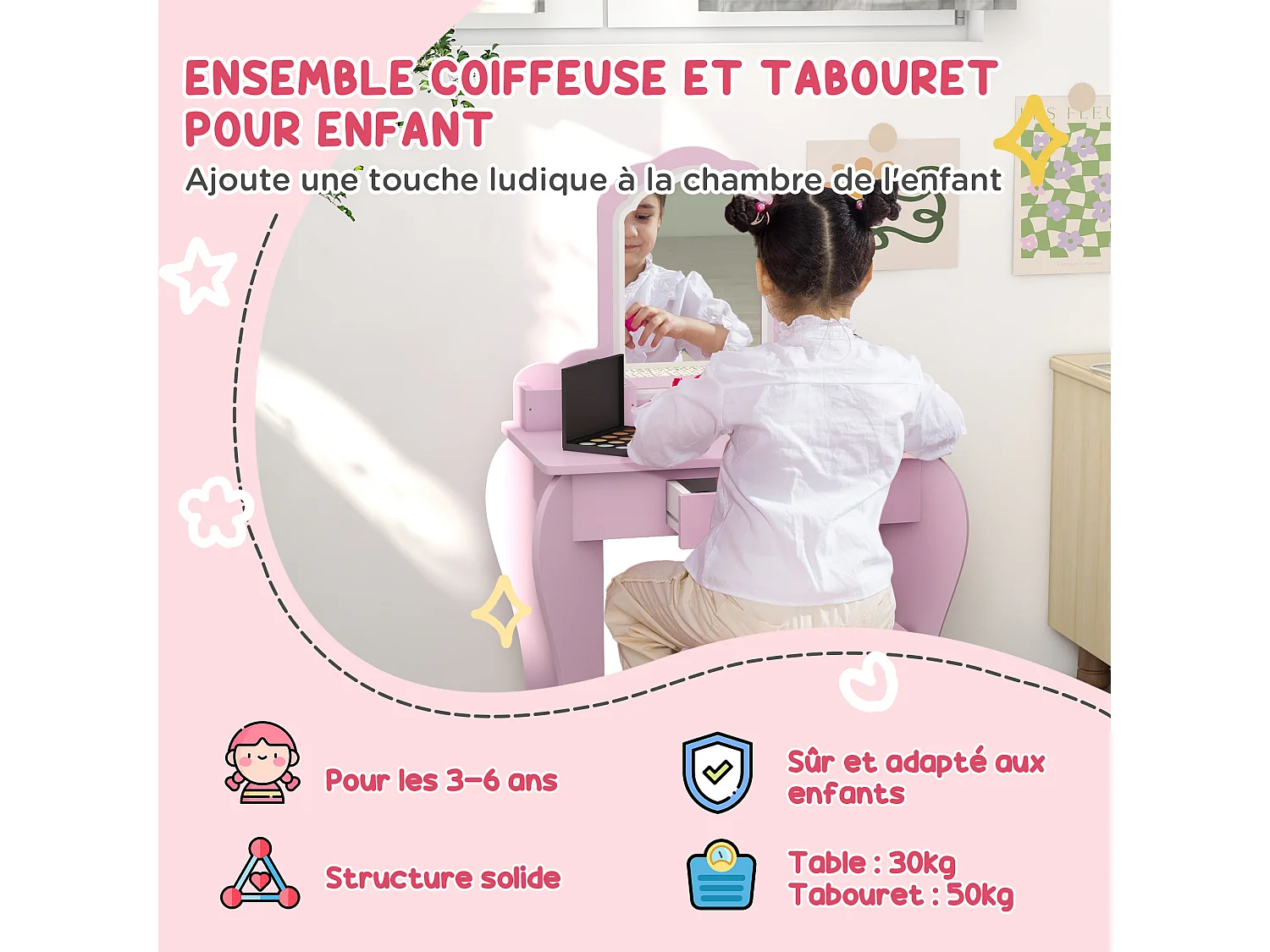 Ensemble coiffeuse tabouret enfant style girly rose motif nuage - miroir, tiroir, 2 compartiments - MDF rose
