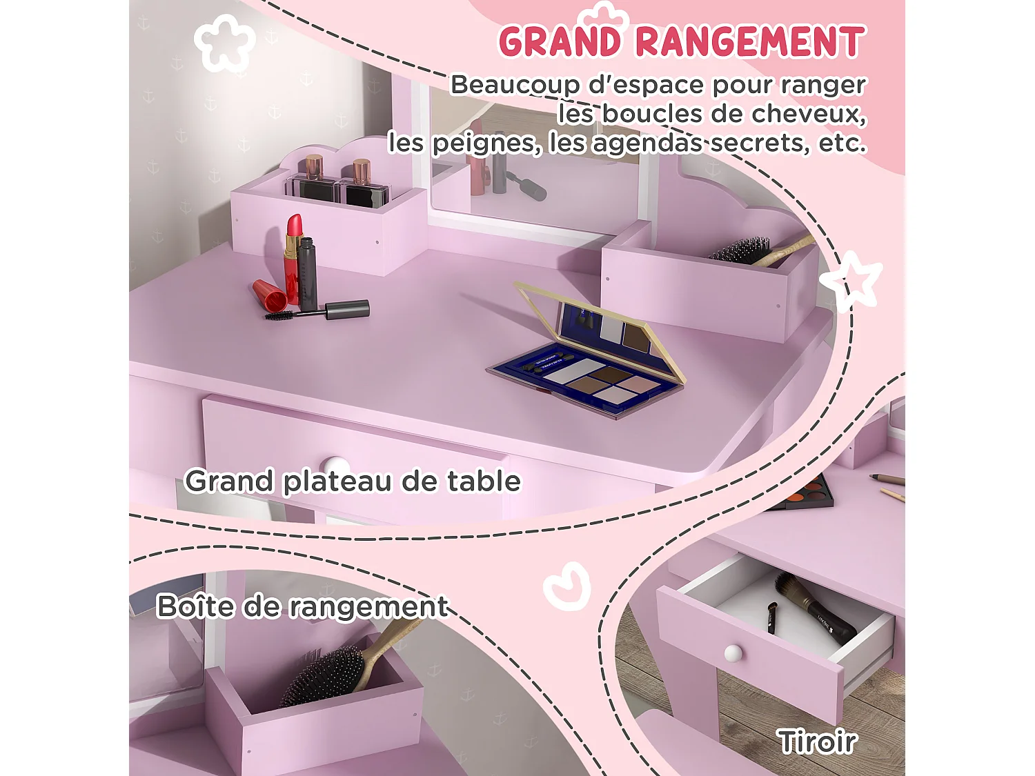 Ensemble coiffeuse tabouret enfant style girly rose motif nuage - miroir, tiroir, 2 compartiments - MDF rose