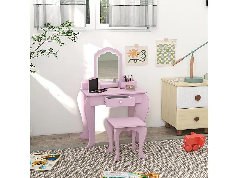 Ensemble coiffeuse tabouret enfant style girly rose motif nuage - miroir, tiroir, 2 compartiments - MDF rose