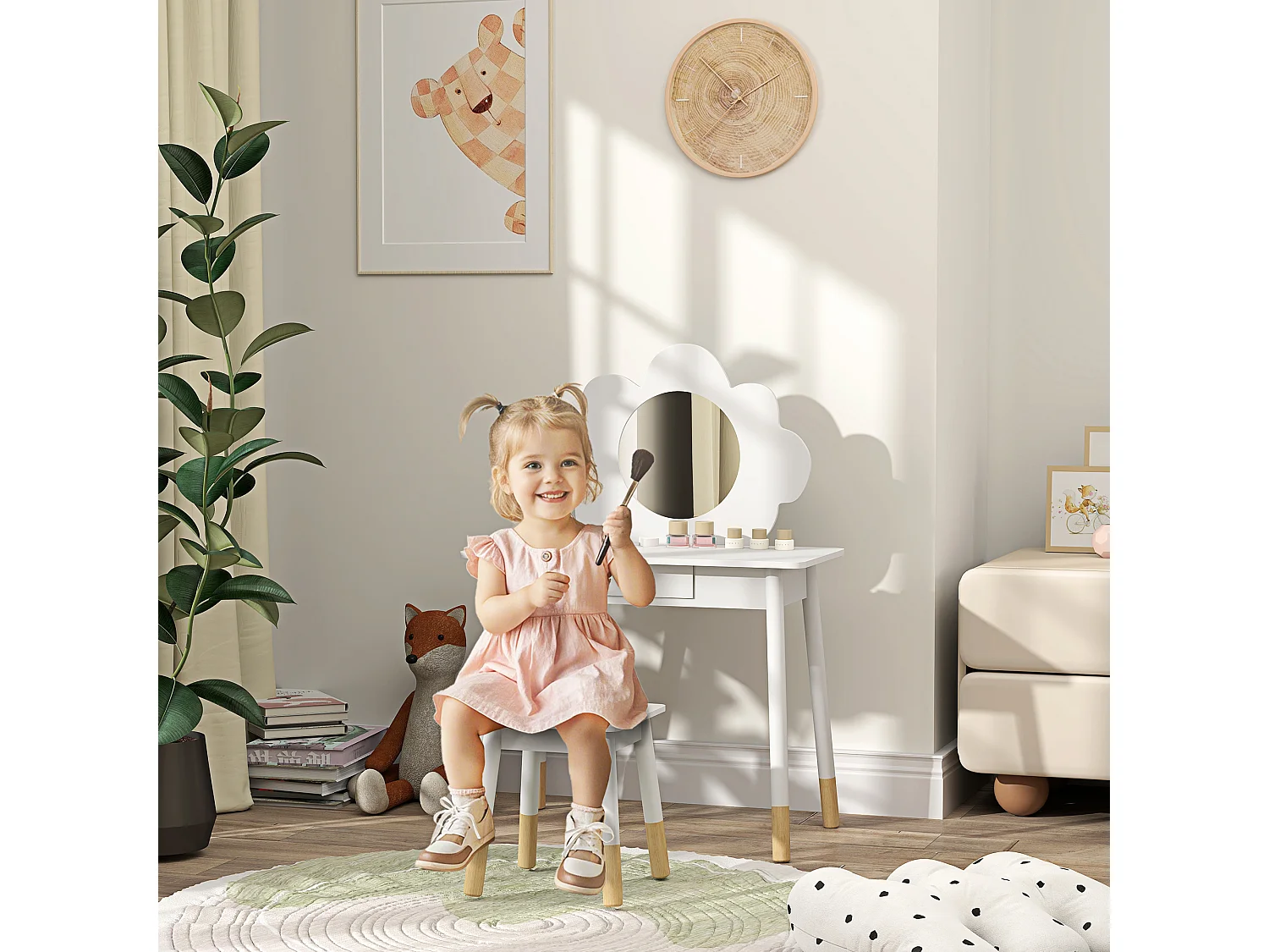 Ensemble coiffeuse tabouret enfant style nordique motif nuage - miroir rond, tiroir - MDF effet bois clair blanc