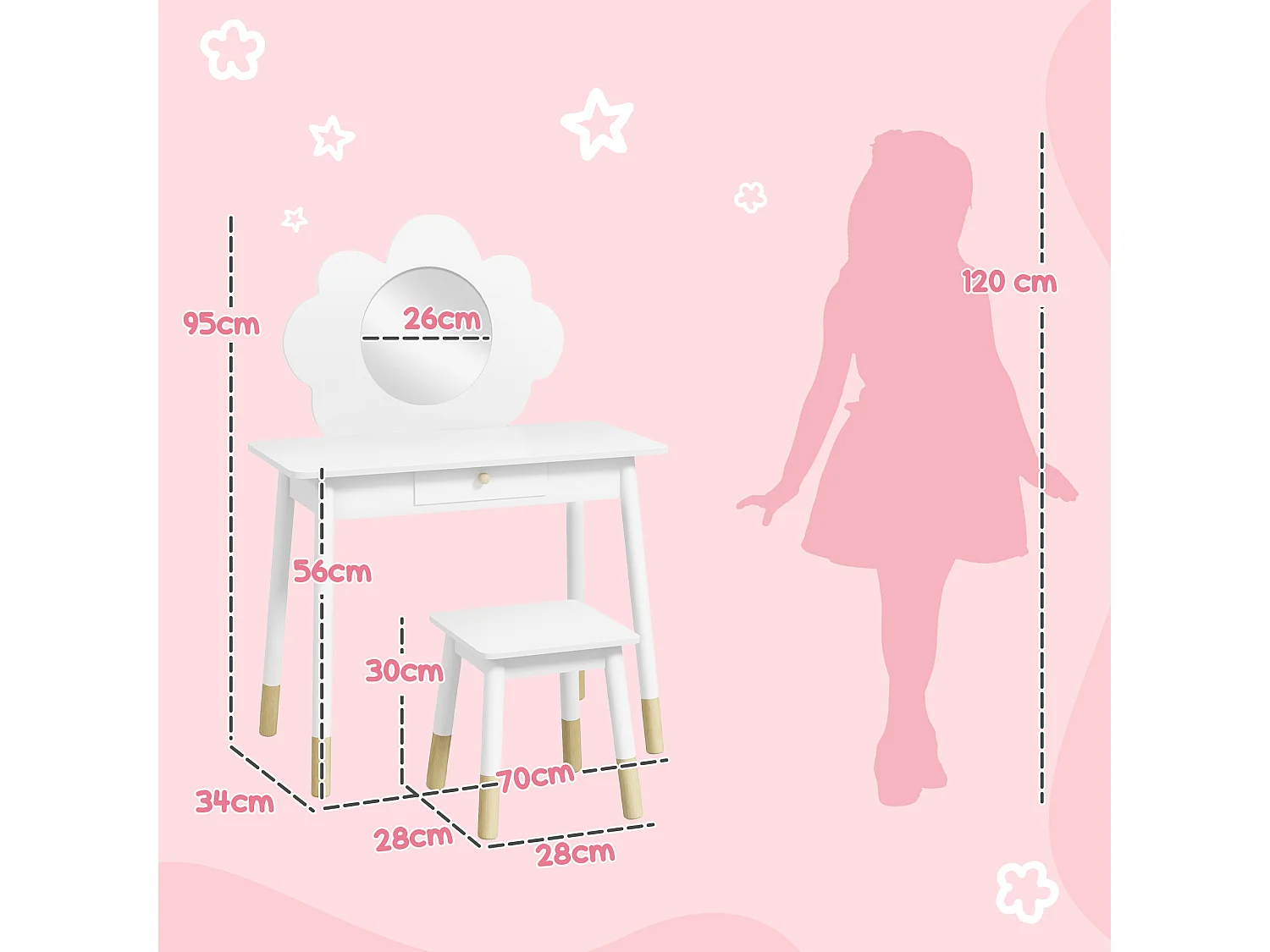 Ensemble coiffeuse tabouret enfant style nordique motif nuage - miroir rond, tiroir - MDF effet bois clair blanc