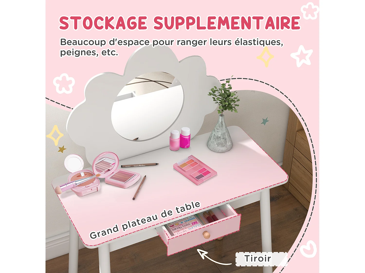 Ensemble coiffeuse tabouret enfant style nordique motif nuage - miroir rond, tiroir - MDF effet bois clair blanc