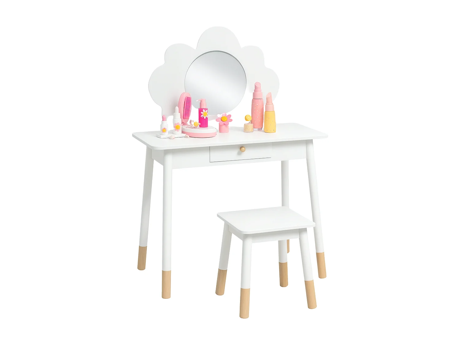 Ensemble coiffeuse tabouret enfant style nordique motif nuage - miroir rond, tiroir - MDF effet bois clair blanc