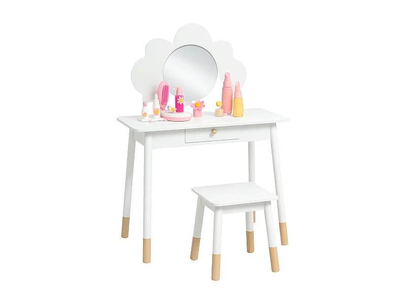 Ensemble coiffeuse tabouret enfant style nordique motif nuage - miroir rond, tiroir - MDF effet bois clair blanc