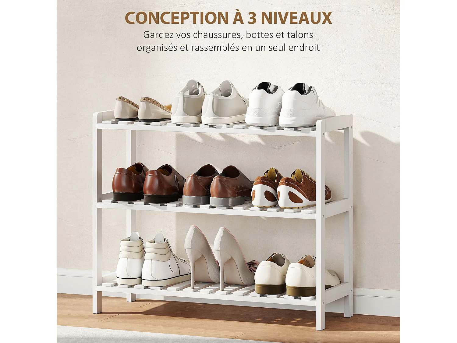 Meuble à chaussures range-chaussures 3 niveaux MDF bambou blanc