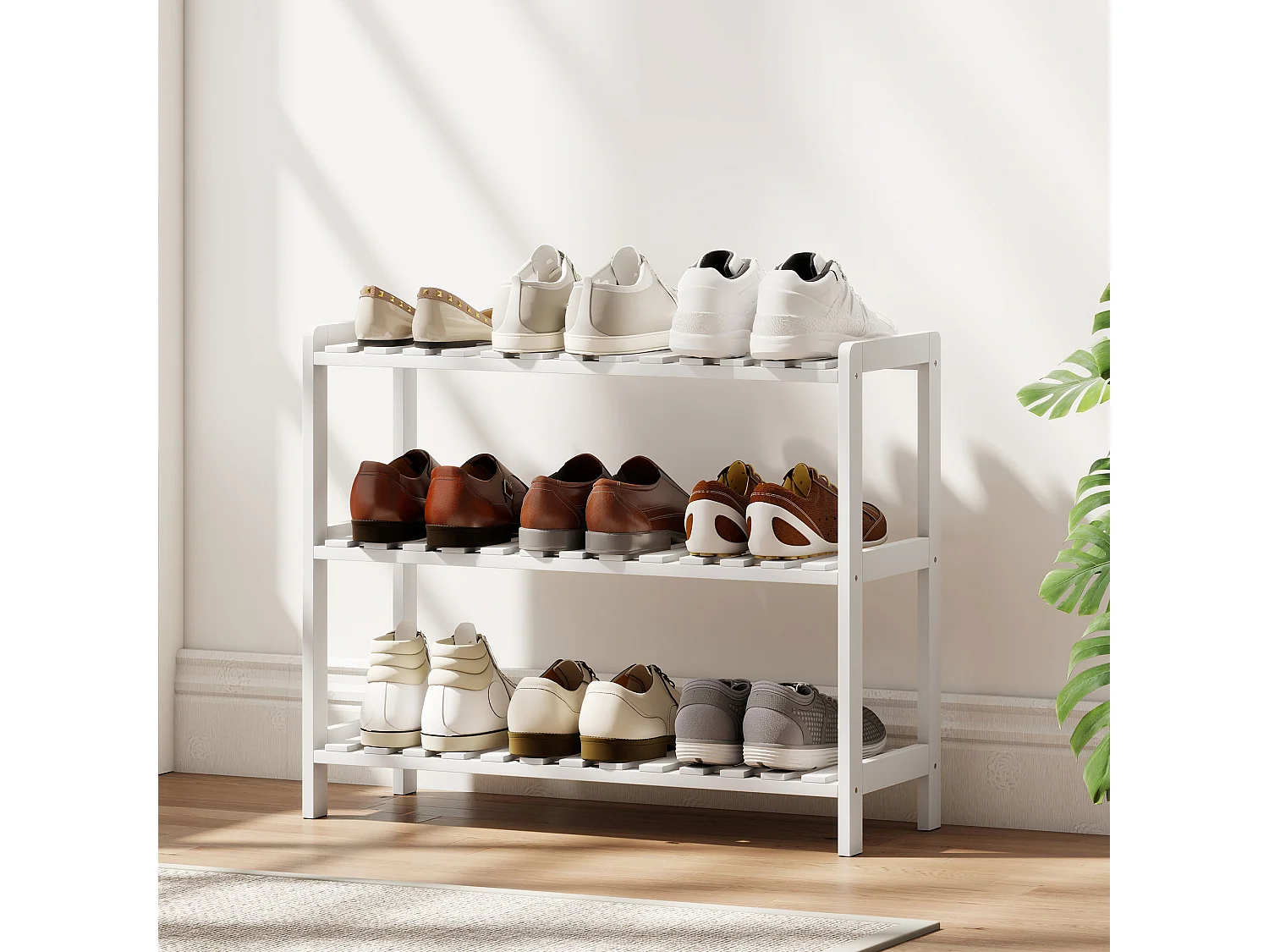Meuble à chaussures range-chaussures 3 niveaux MDF bambou blanc