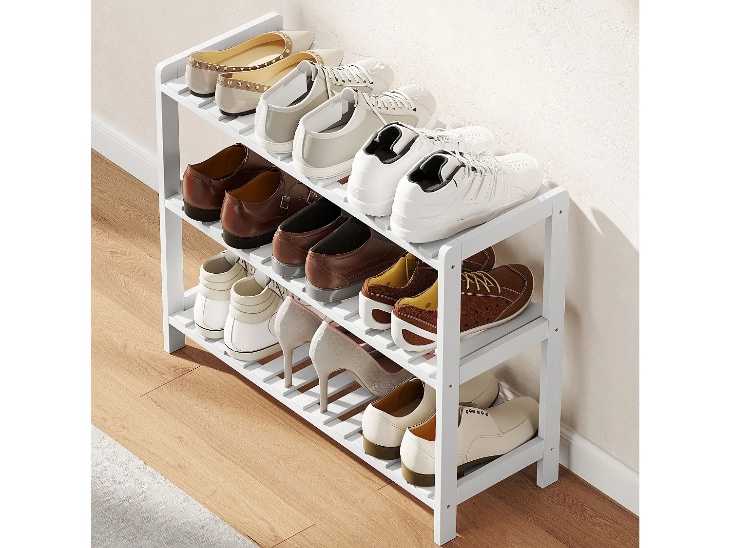 Meuble à chaussures range-chaussures 3 niveaux MDF bambou blanc