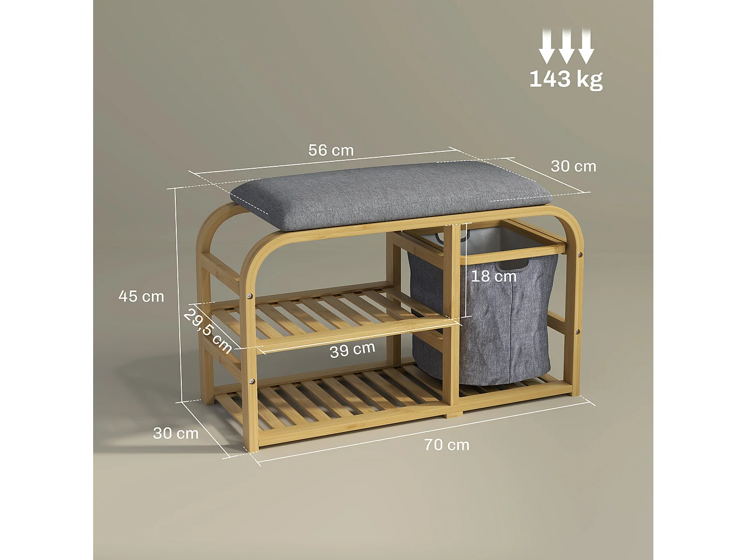 Banc à chaussures en bambou - 2 étagères, panier tissu coulissant - coussin gris