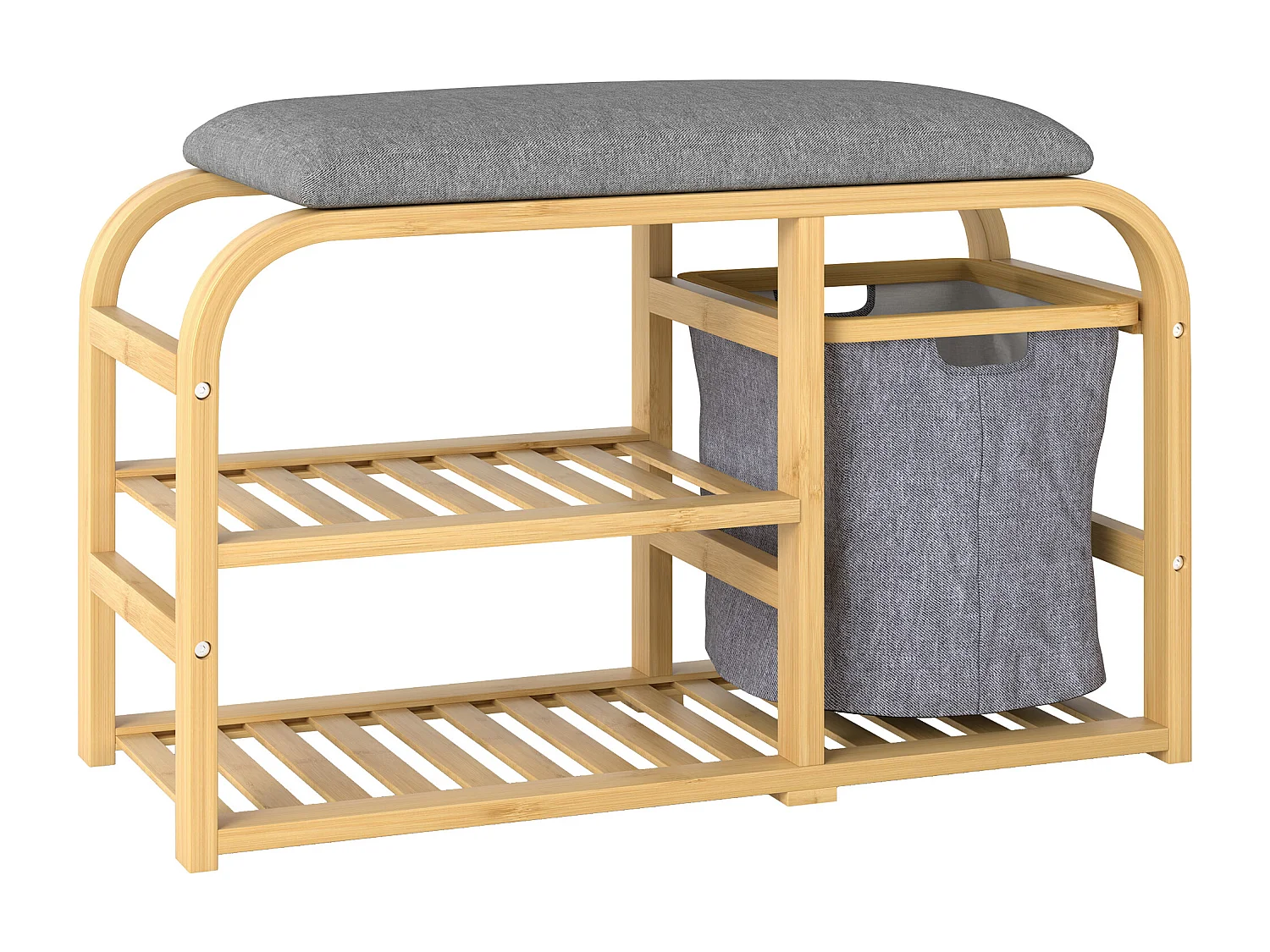 Banc à chaussures en bambou - 2 étagères, panier tissu coulissant - coussin gris