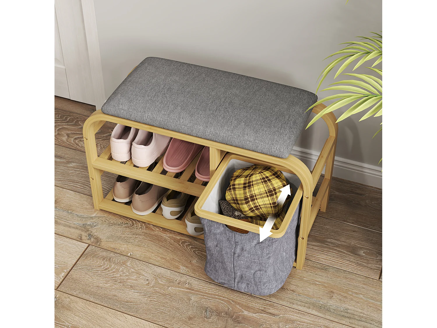 Banc à chaussures en bambou - 2 étagères, panier tissu coulissant - coussin gris
