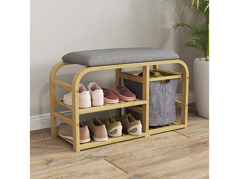 Banc à chaussures en bambou - 2 étagères, panier tissu coulissant - coussin gris