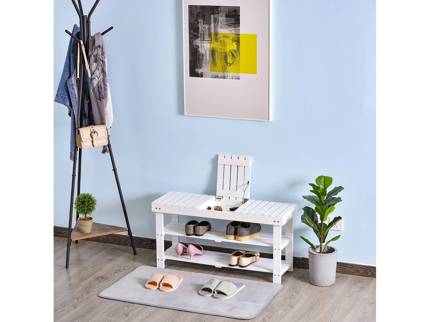Banc à chaussures - 2 étagères, petit coffre de rangement - dim. 90 x 29 x 45 cm - MDF bois blanc