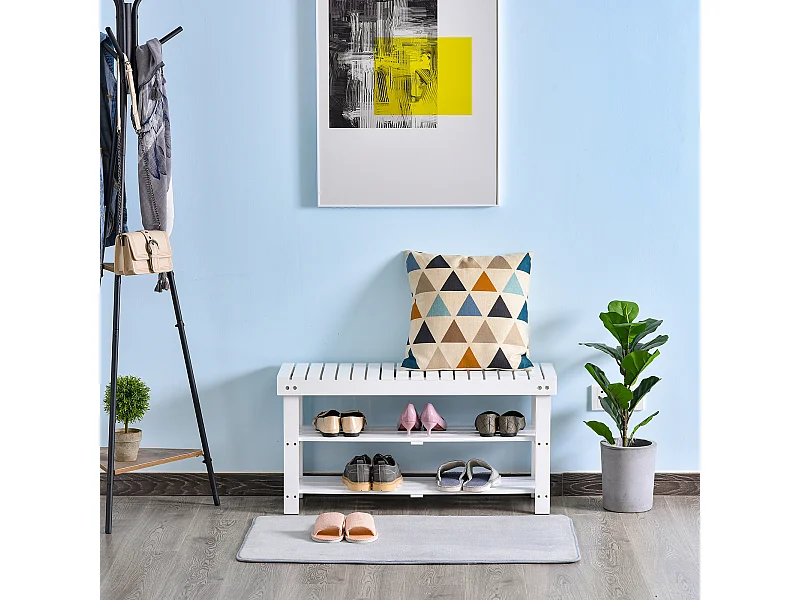 Banc à chaussures - 2 étagères, petit coffre de rangement - dim. 90 x 29 x 45 cm - MDF bois blanc