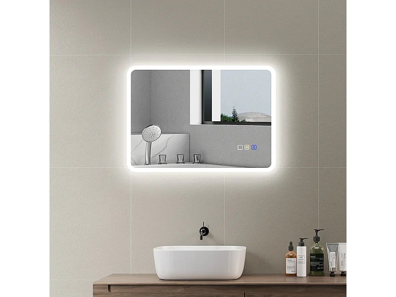 Miroir lumineux LED salle de bain 50 x 70 cm bluetooth interrupteur tactile lumière réglable 3 couleurs fonction anti-buée et mémoire