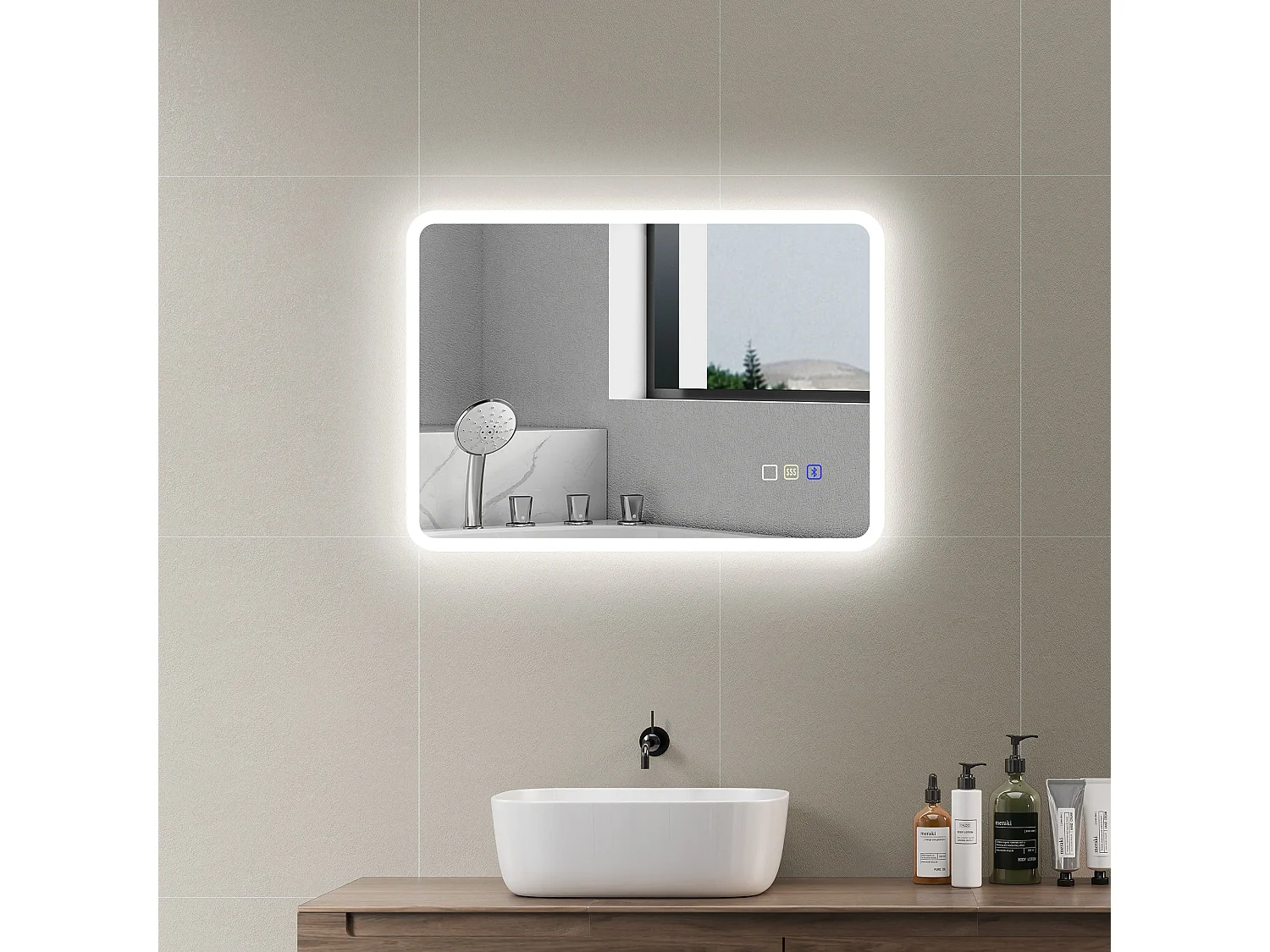 Miroir lumineux LED salle de bain 50 x 70 cm bluetooth interrupteur tactile lumière réglable 3 couleurs fonction anti-buée et mémoire