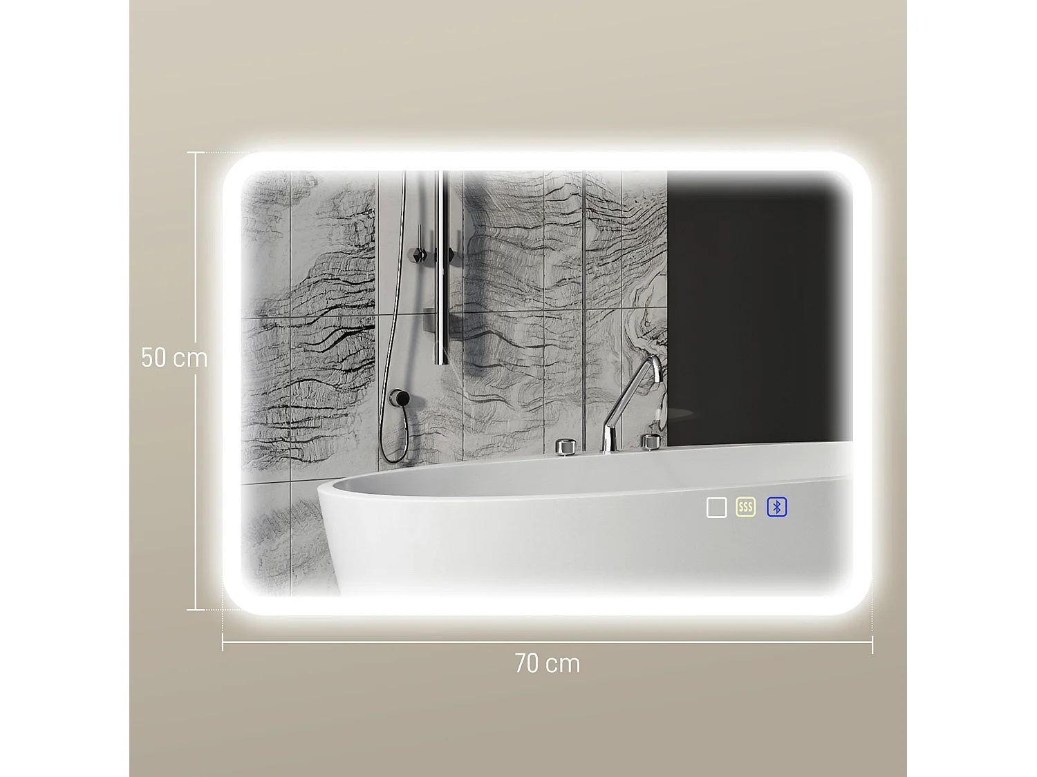 Miroir lumineux LED salle de bain 50 x 70 cm bluetooth interrupteur tactile lumière réglable 3 couleurs fonction anti-buée et mémoire