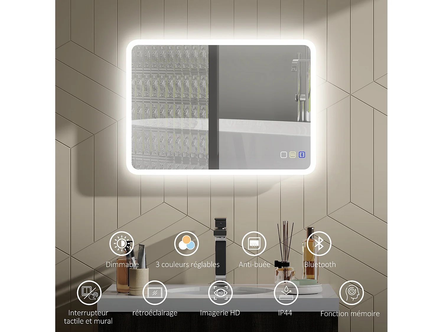 Miroir lumineux LED salle de bain 50 x 70 cm bluetooth interrupteur tactile lumière réglable 3 couleurs fonction anti-buée et mémoire