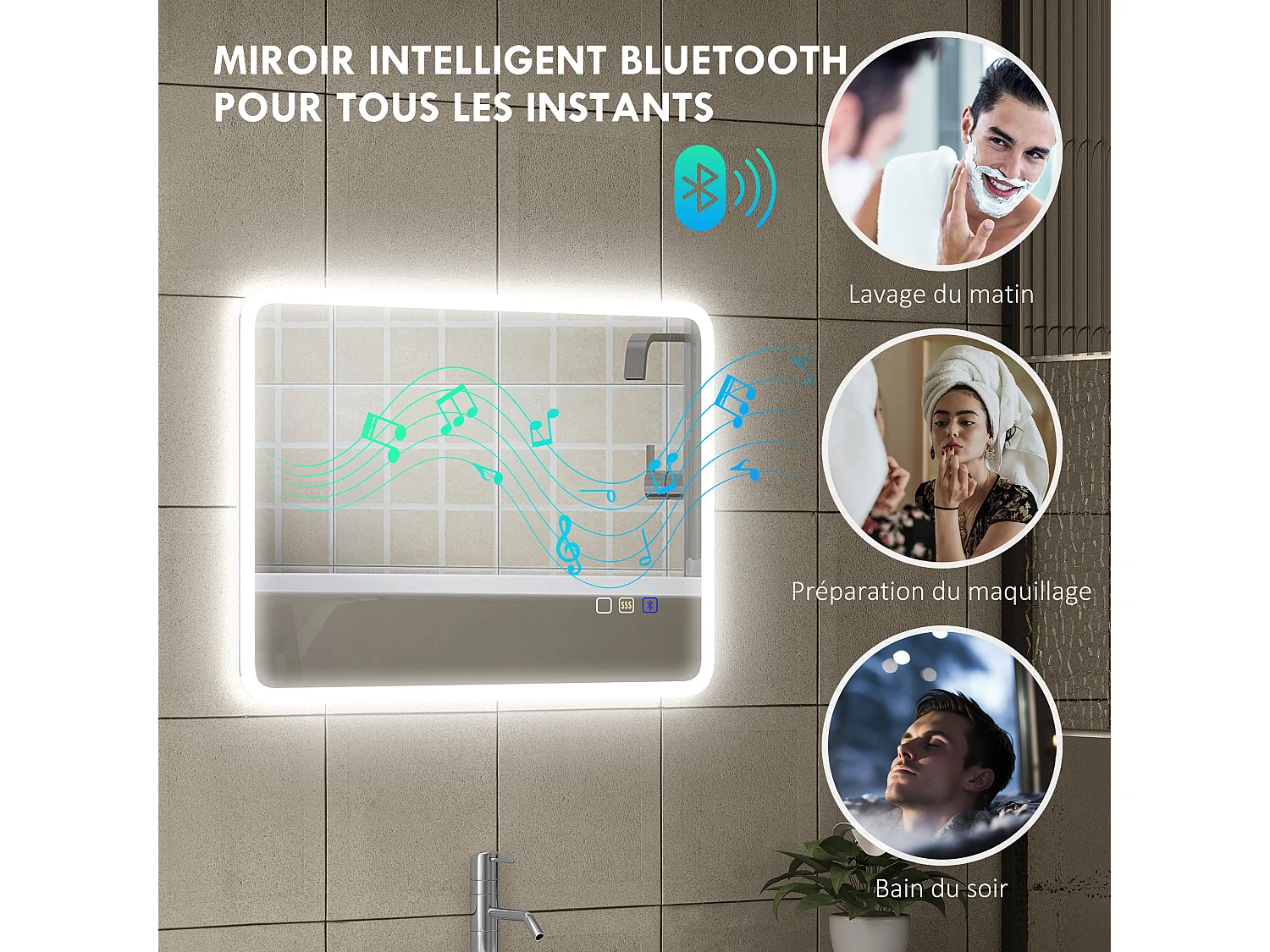 Miroir lumineux LED salle de bain 50 x 70 cm bluetooth interrupteur tactile lumière réglable 3 couleurs fonction anti-buée et mémoire