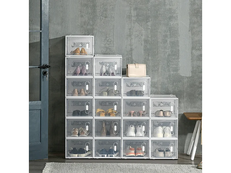 Étagère cube modulable - 18 cubes - meuble à chaussures - PP blanc transparent