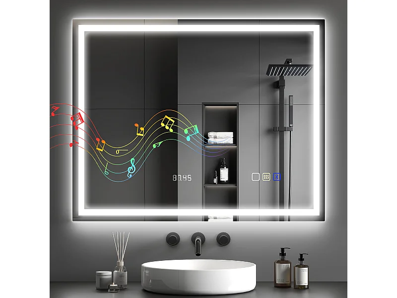 Miroir lumineux LED salle de bain 100 x 80 cm bluetooth interrupteur tactile lumière réglable 3 couleurs fonction anti-buée et mémoire