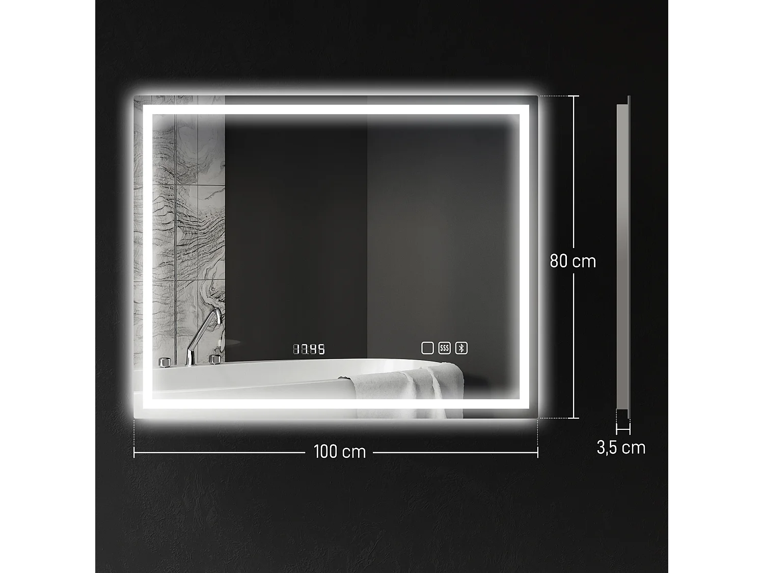 Miroir lumineux LED salle de bain 100 x 80 cm bluetooth interrupteur tactile lumière réglable 3 couleurs fonction anti-buée et mémoire