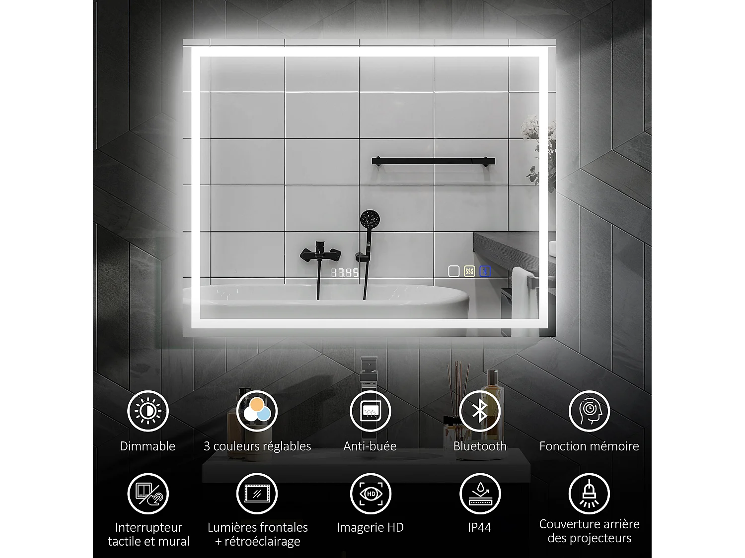 Miroir lumineux LED salle de bain 100 x 80 cm bluetooth interrupteur tactile lumière réglable 3 couleurs fonction anti-buée et mémoire