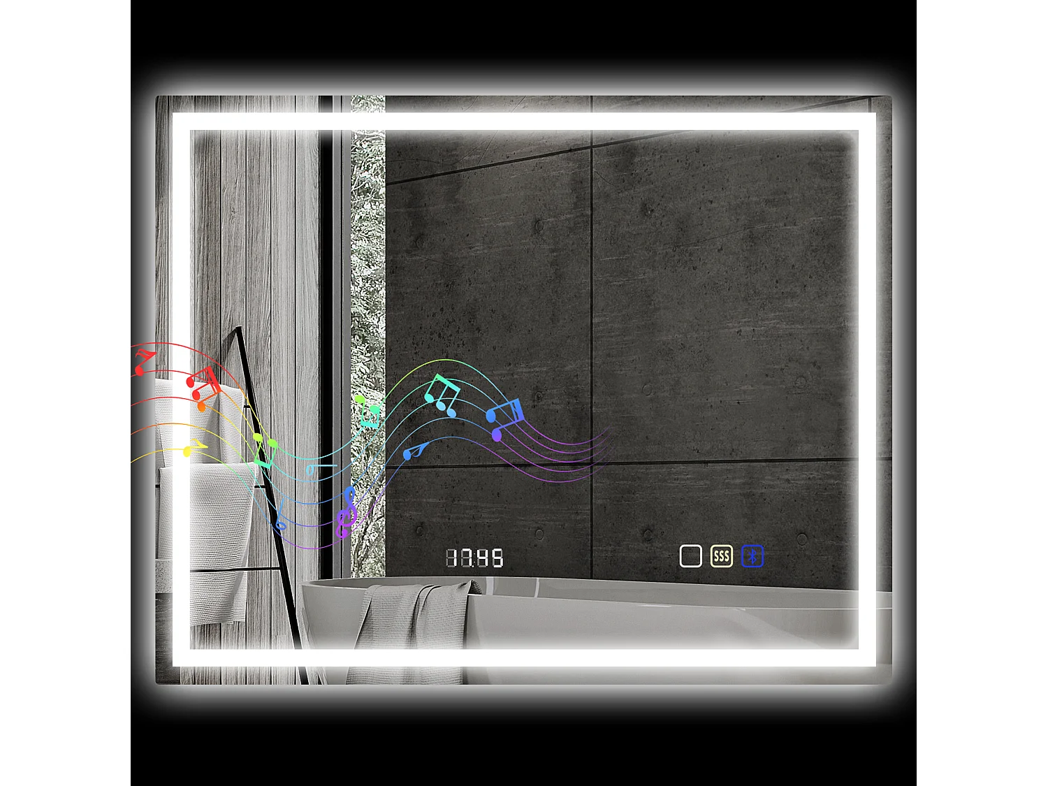 Miroir lumineux LED salle de bain 100 x 80 cm bluetooth interrupteur tactile lumière réglable 3 couleurs fonction anti-buée et mémoire