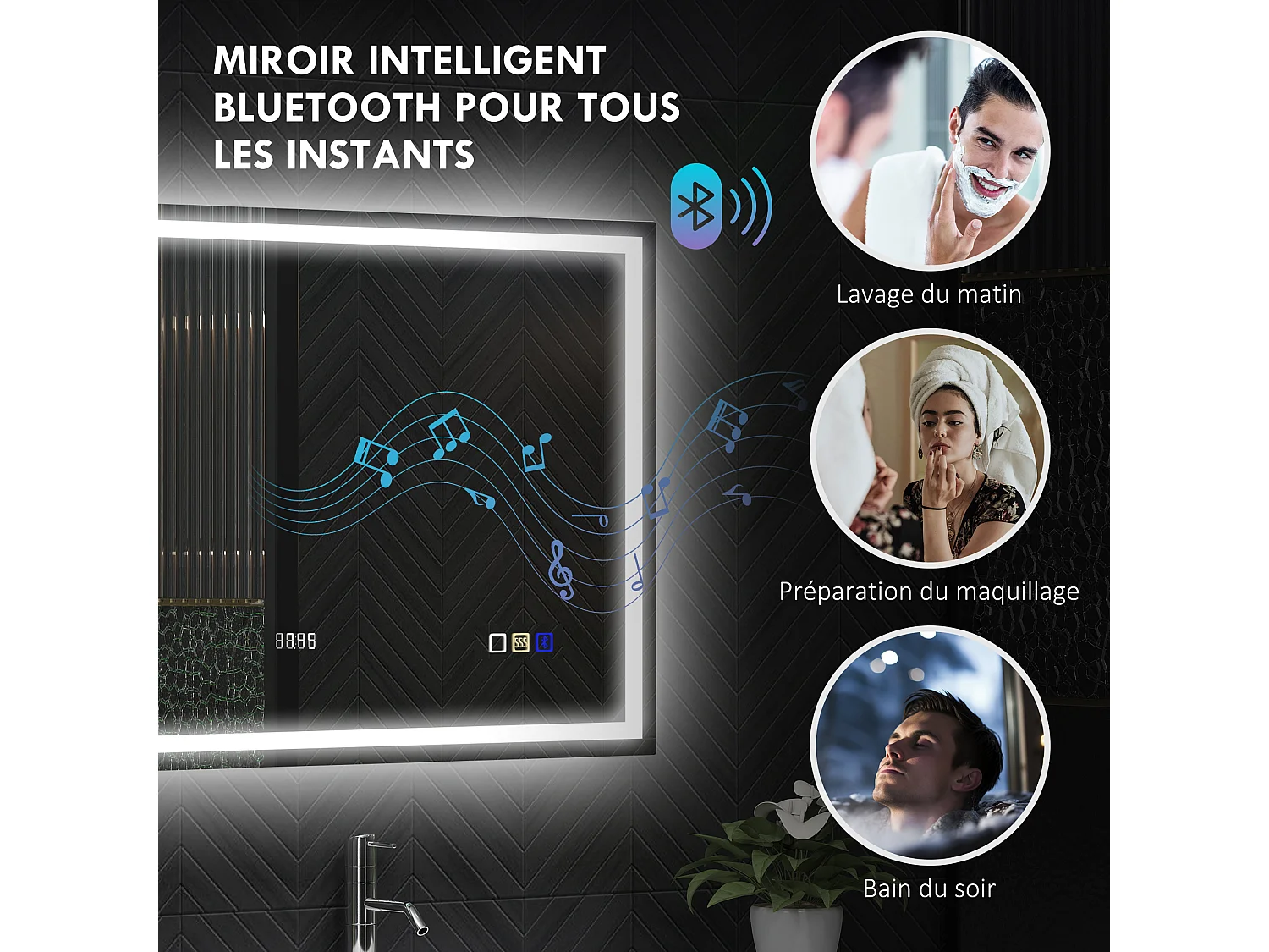 Miroir lumineux LED salle de bain 100 x 80 cm bluetooth interrupteur tactile lumière réglable 3 couleurs fonction anti-buée et mémoire