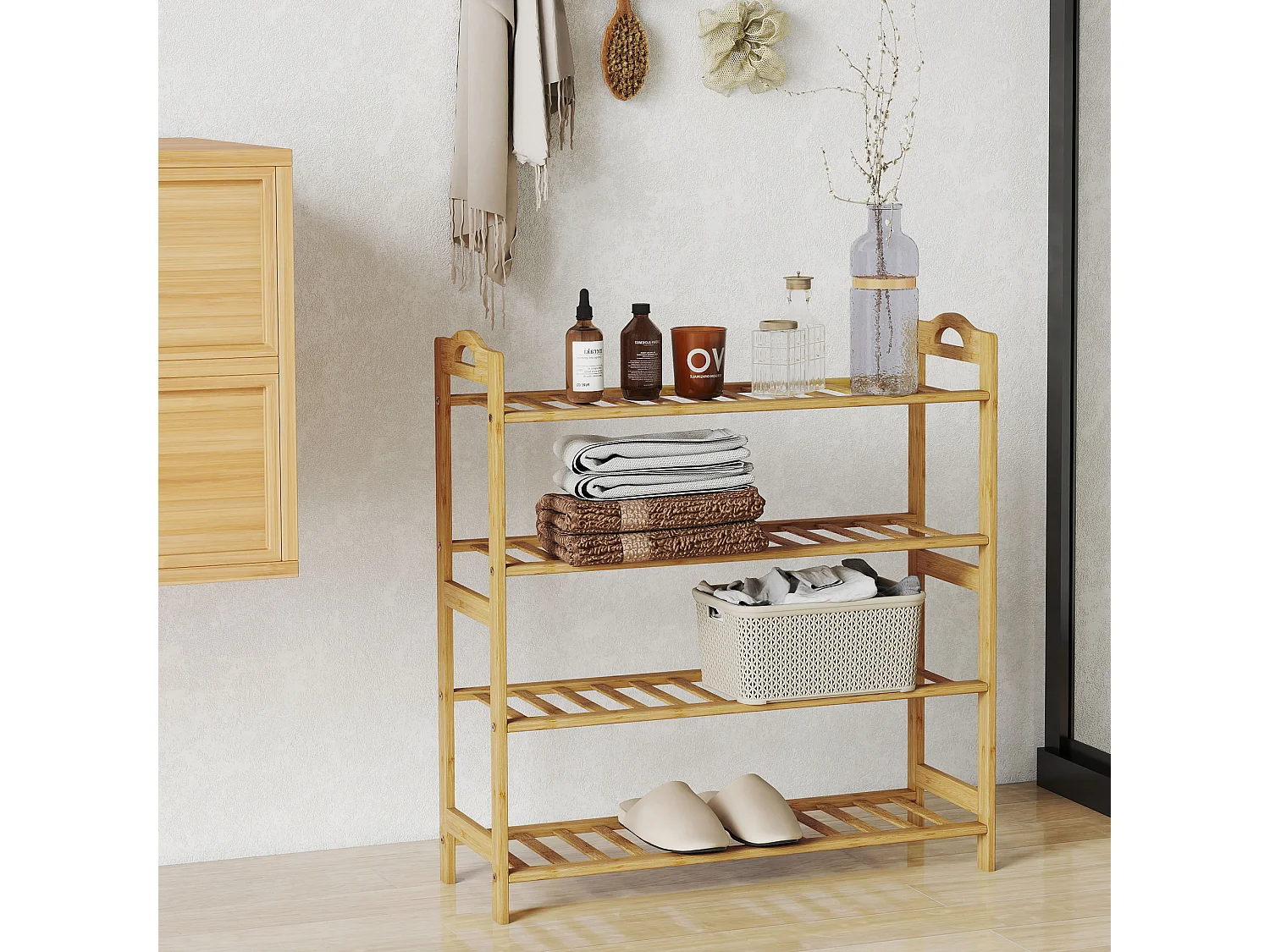 Étagère bambou style naturel - étagère à chaussures 4 niveaux - dim. 67,5 x 24,7 x 72 cm