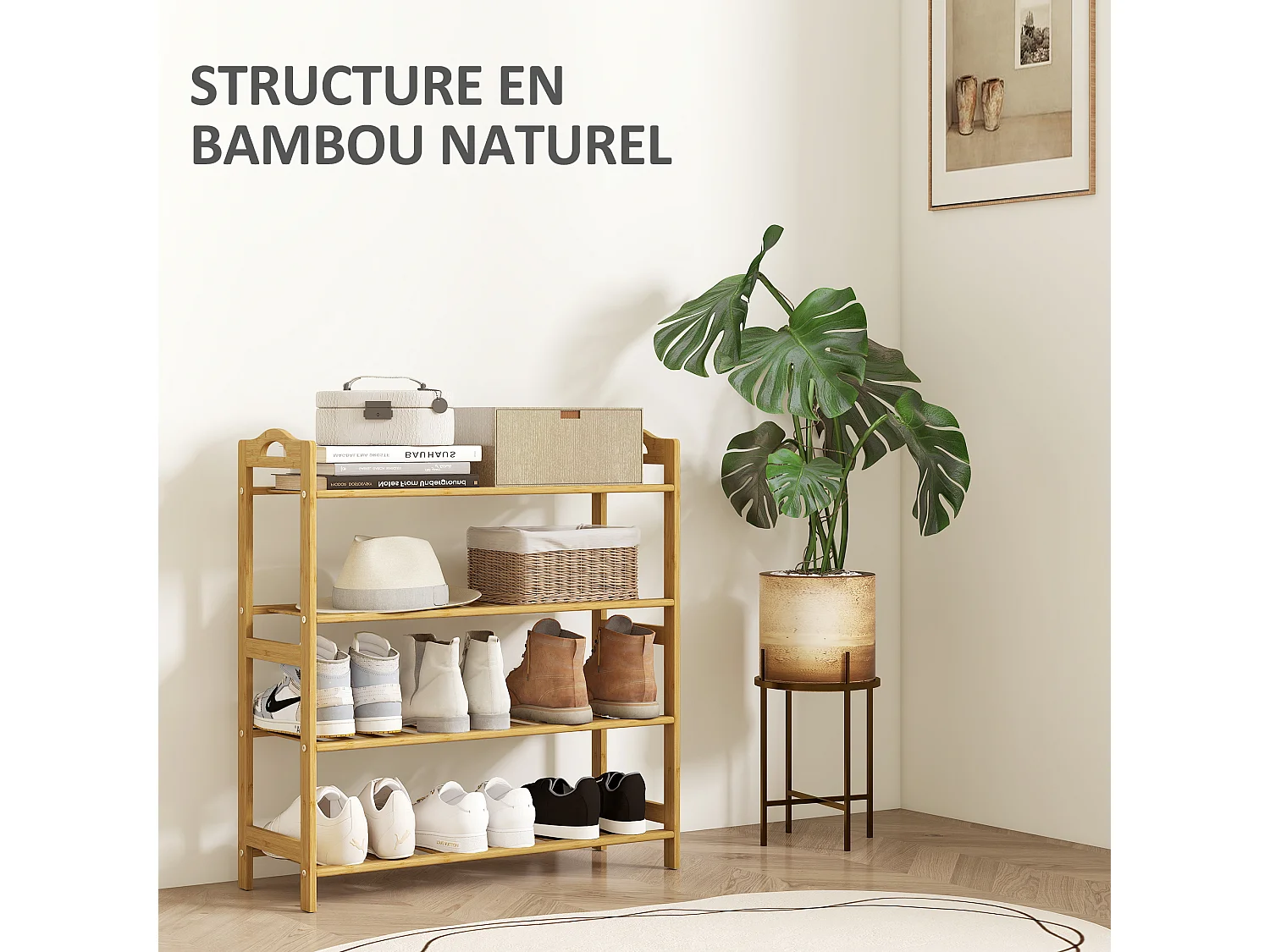 Étagère bambou style naturel - étagère à chaussures 4 niveaux - dim. 67,5 x 24,7 x 72 cm