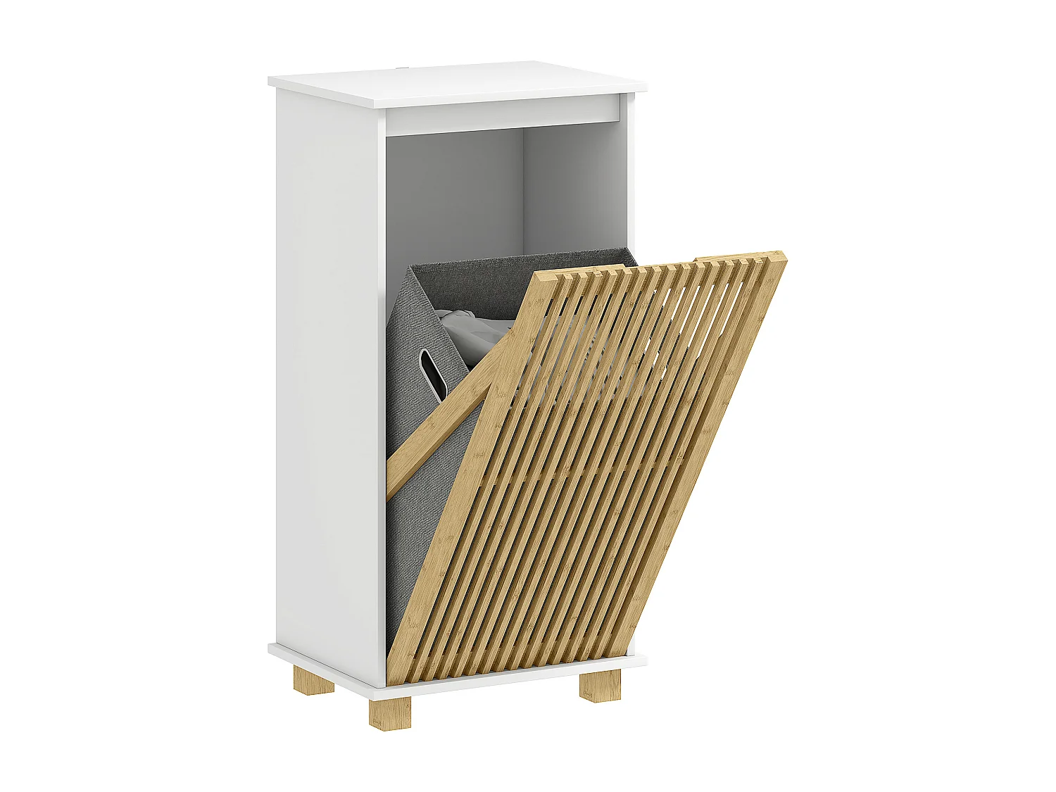 Meuble bas salle de bain - panier à linge amovible - tissu gris bambou blanc